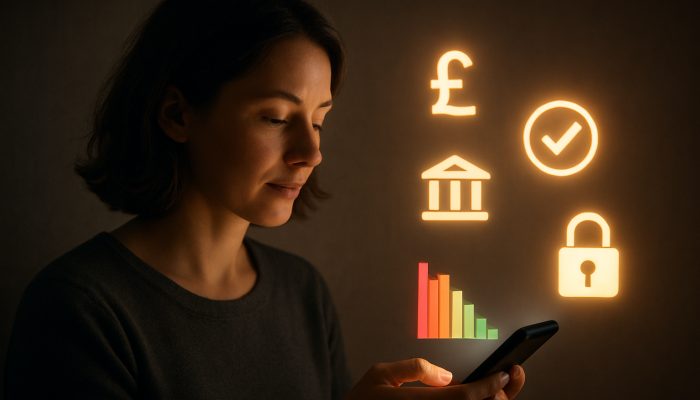Blocking Apps and Sites During a Debt Plan: Essential Advice | DCL Individual investigating smartphone with UK debt management apps, banking links, and colourful spending graphs showcasing financial freedom.
